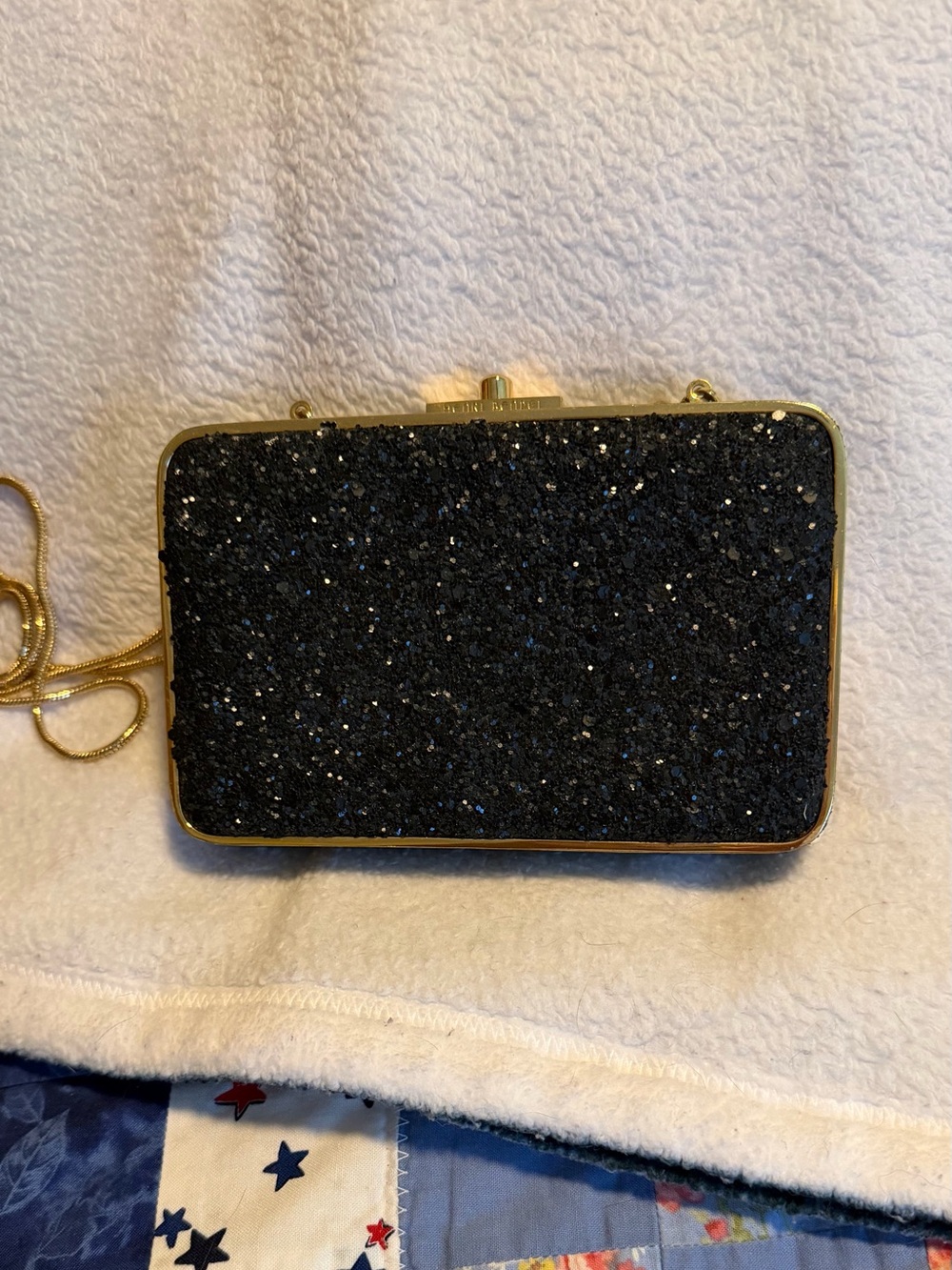 Henri Bendel Black Glitter Evening Clutch with Gold Trim and Chain